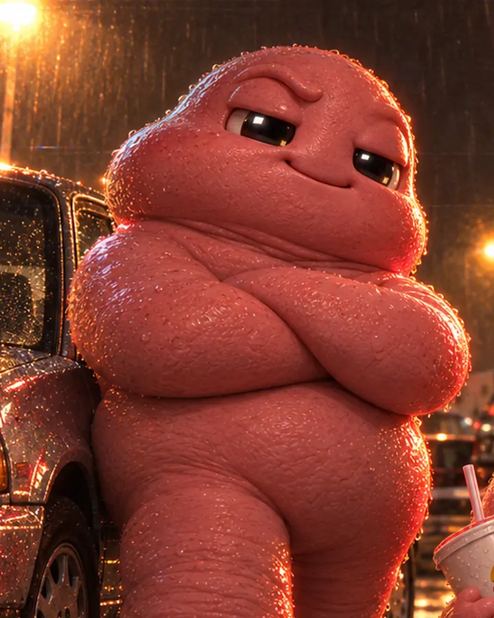 Big John leaning on a car in the rain outside a burger joint, arms crossed, smirking